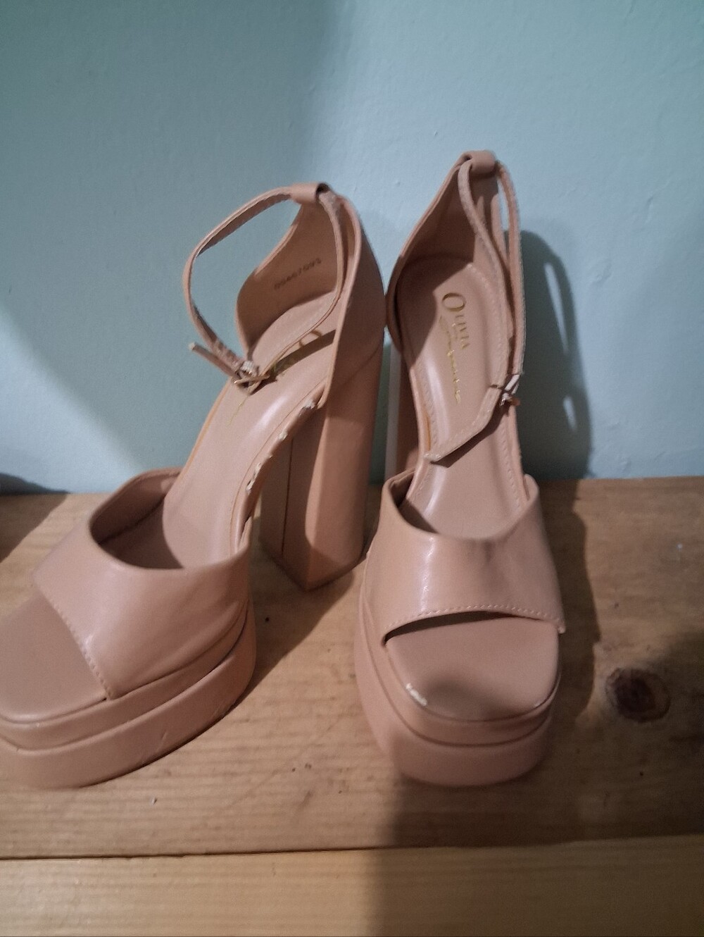 Chunky Platform Ankle-Strap Heels in Nude